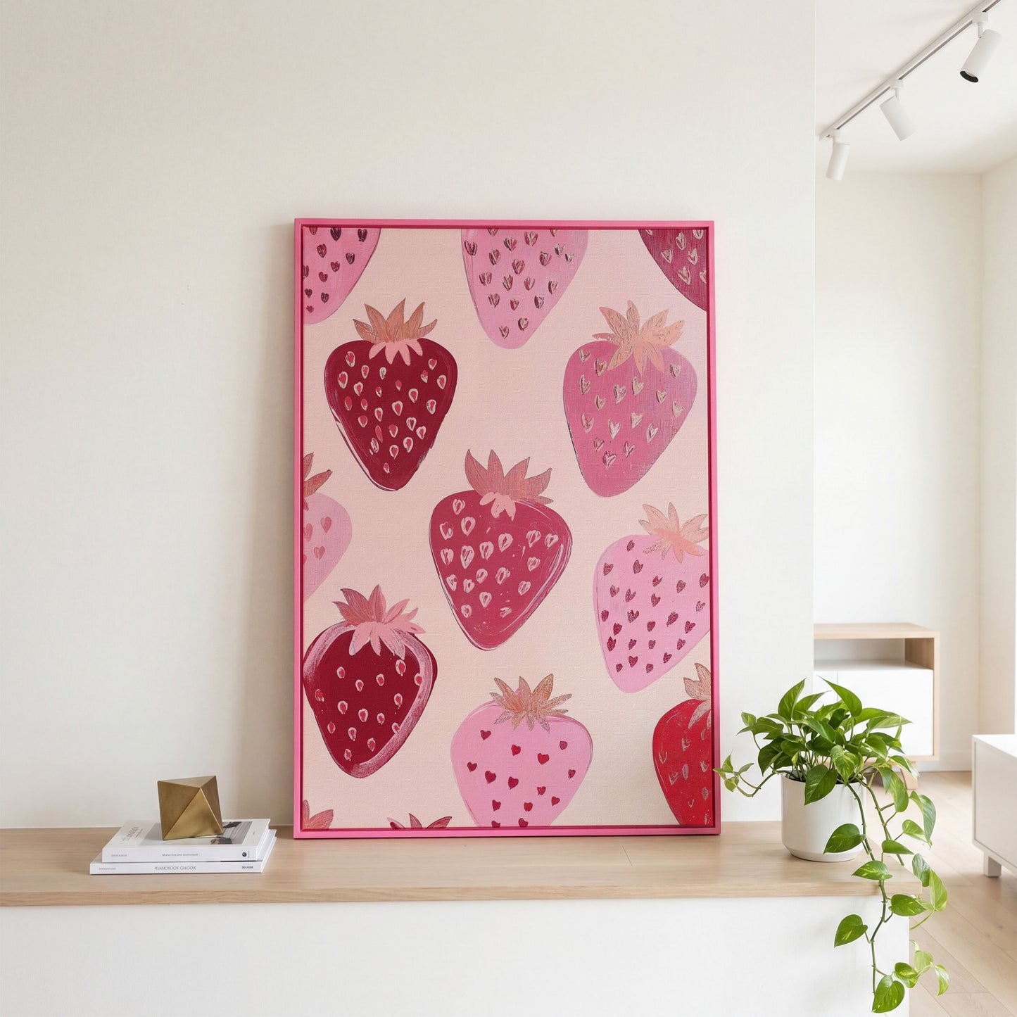 Pink Strawberry Pattern Canvas for Kitchen Walls in pink floating frame