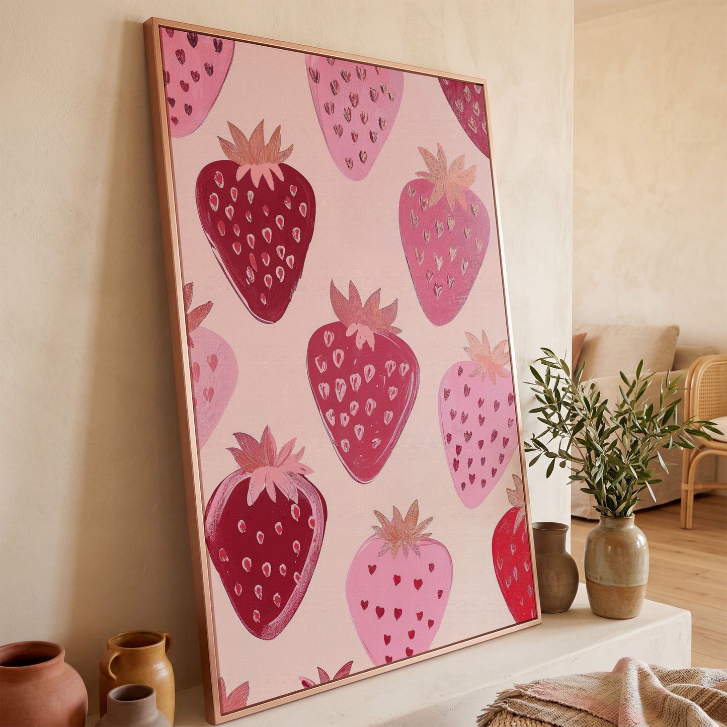 Pink Strawberry Pattern Canvas for Kitchen Walls in rose gold floating frame