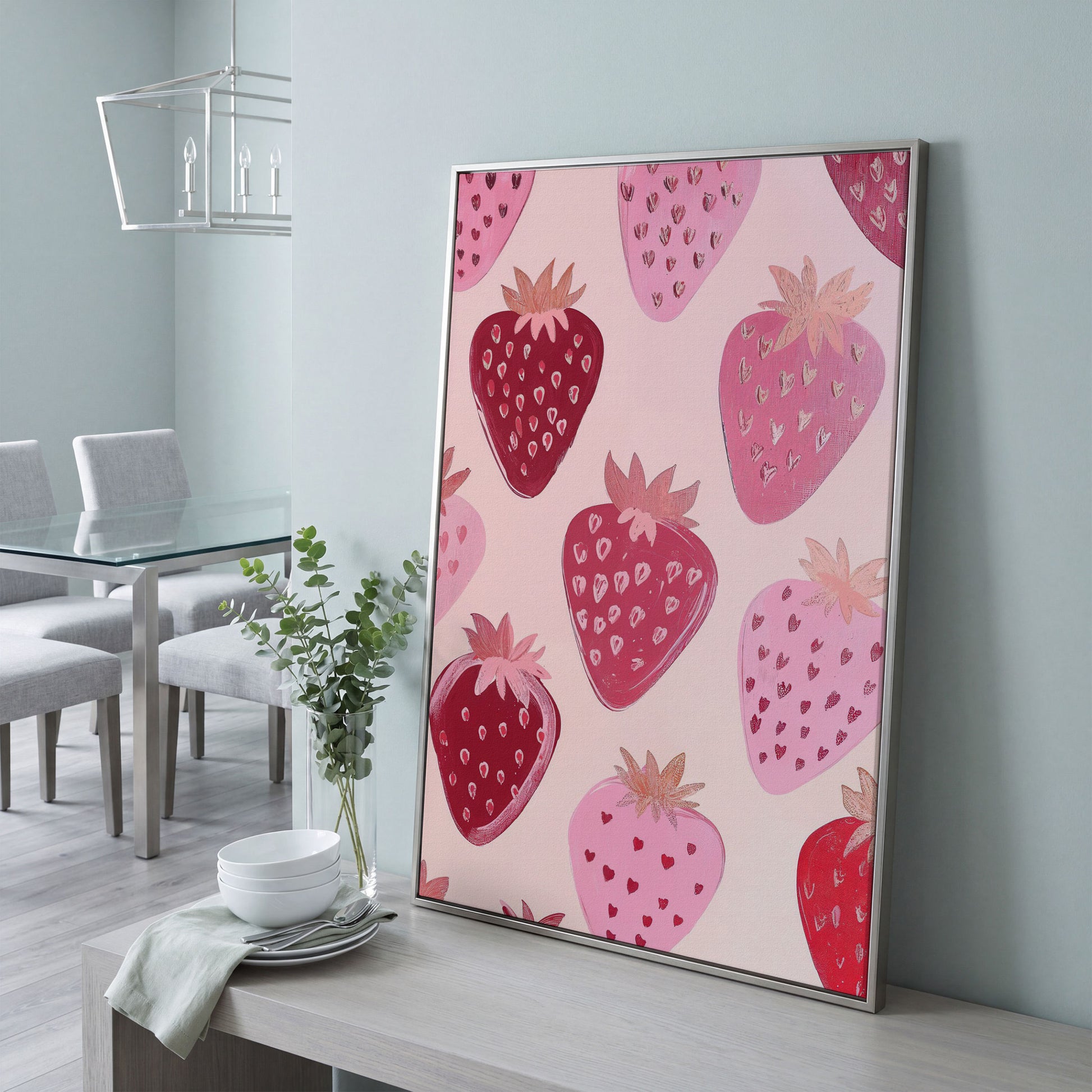 Pink Strawberry Pattern Canvas for Kitchen Walls in silver floating frame