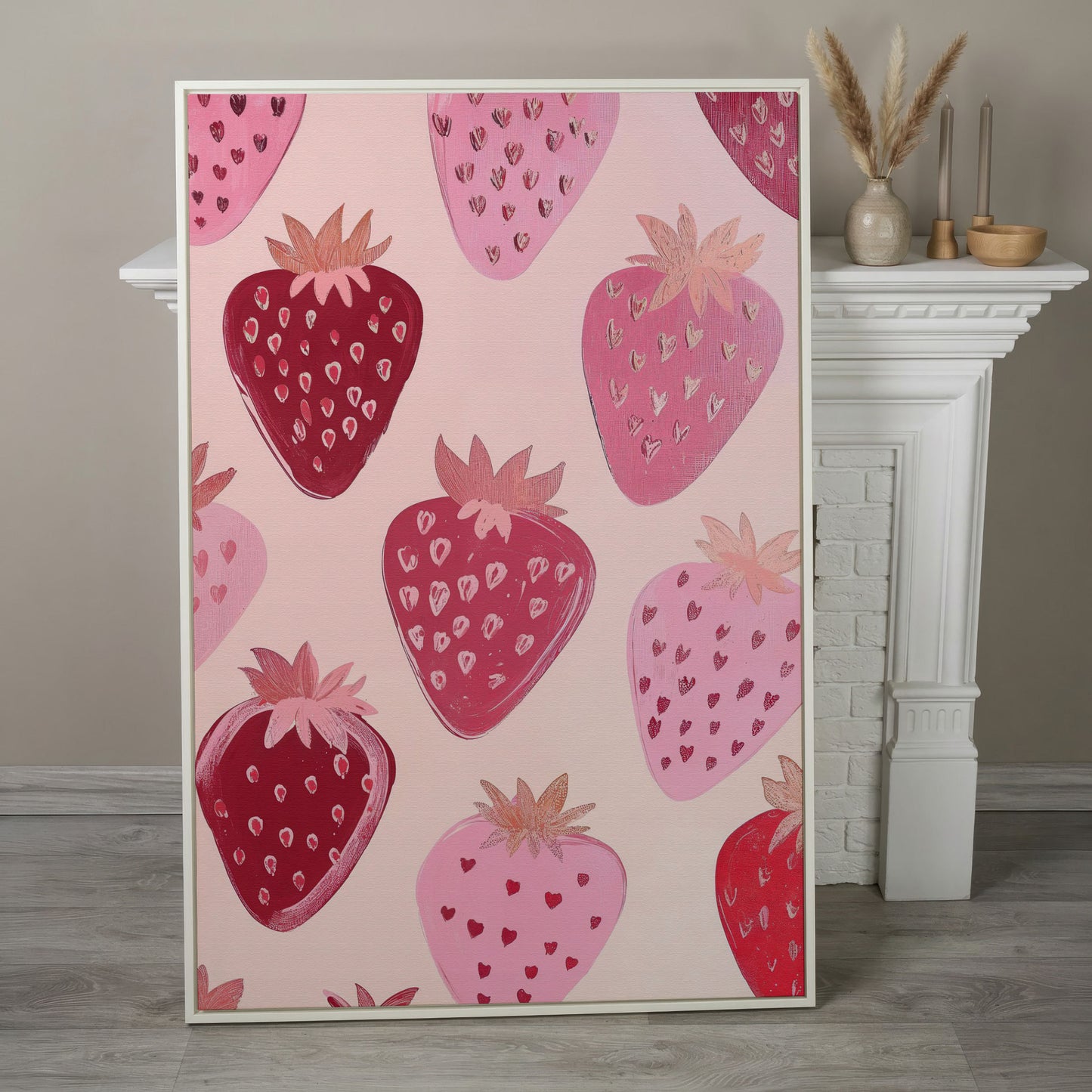 Pink Strawberry Pattern Canvas for Kitchen Walls in white floating frame