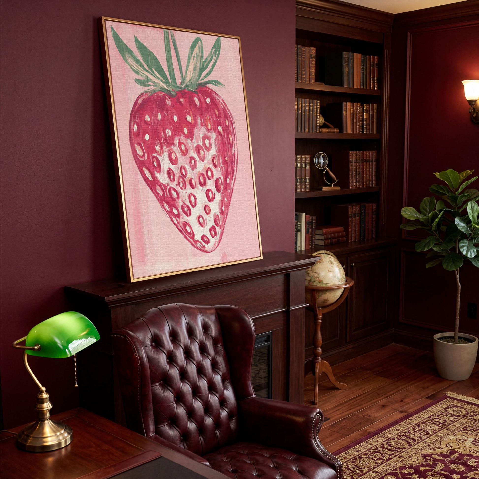 Single Strawberry Canvas Print in antique gold floating frame