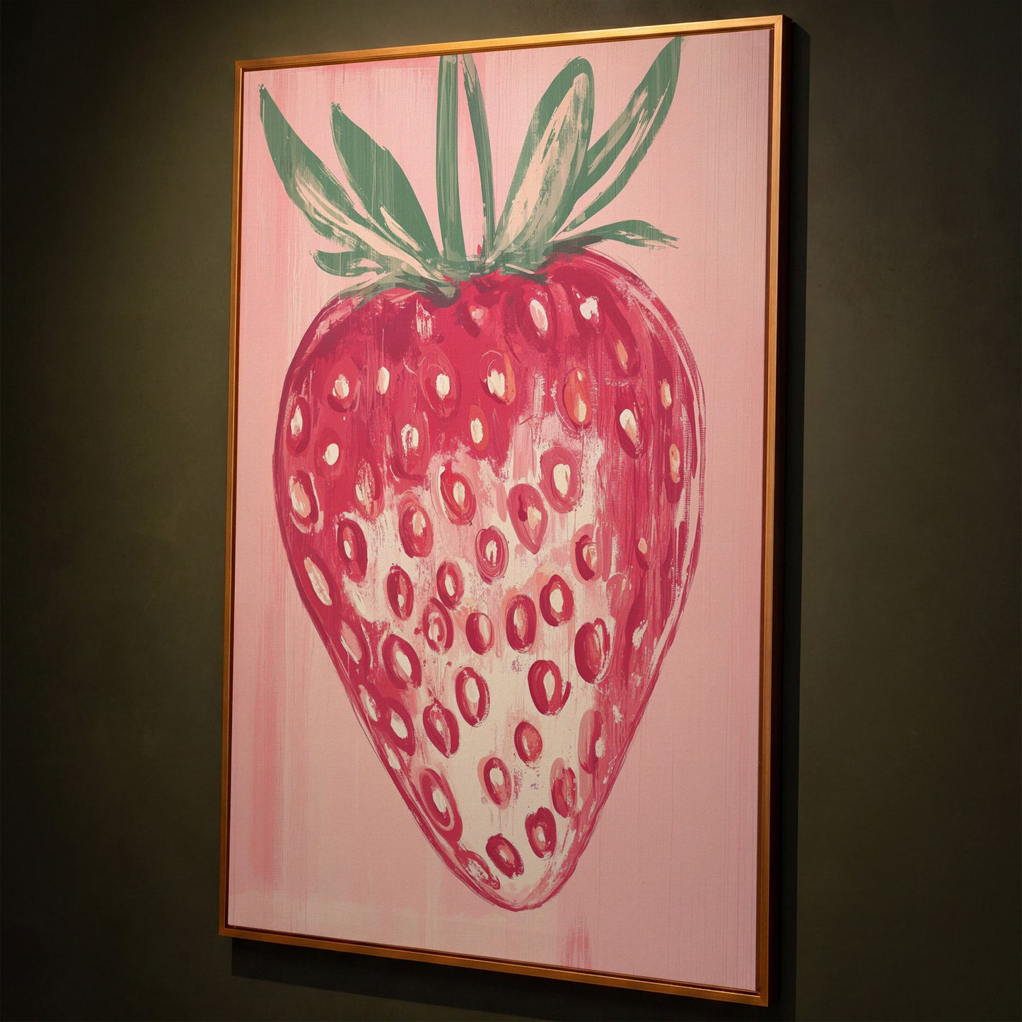 Single Strawberry Canvas Print shown in antique gold floating frame