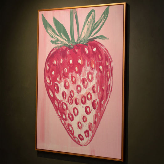 Single Strawberry Canvas Print shown in antique gold floating frame