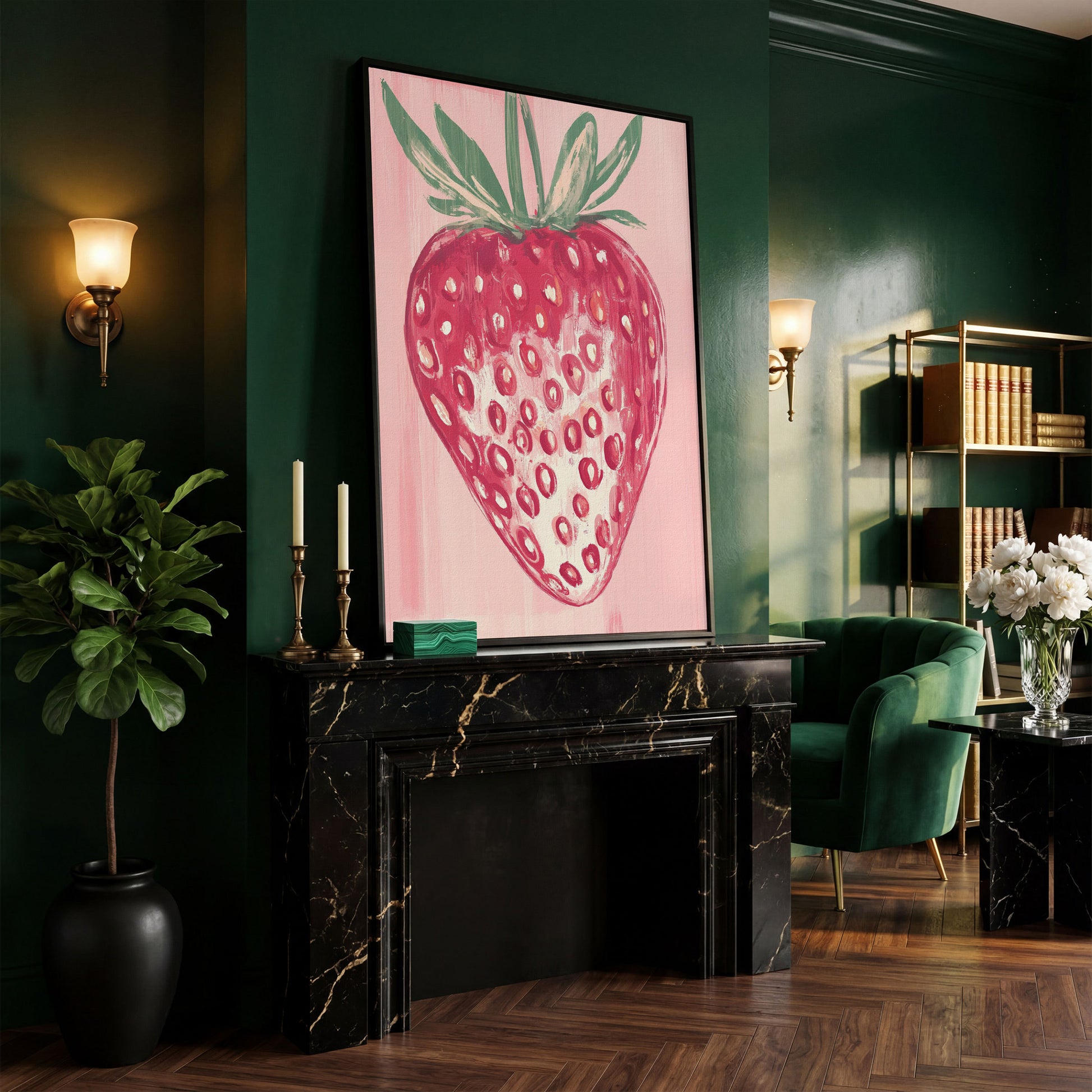 Single Strawberry Canvas Print in black floating frame