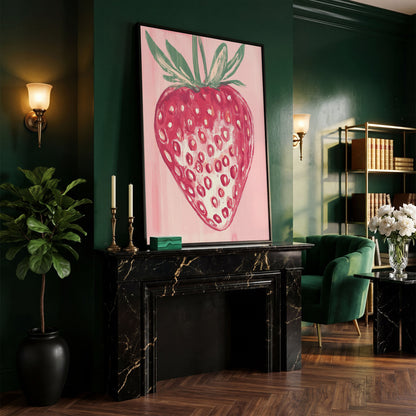 Single Strawberry Canvas Print in black floating frame