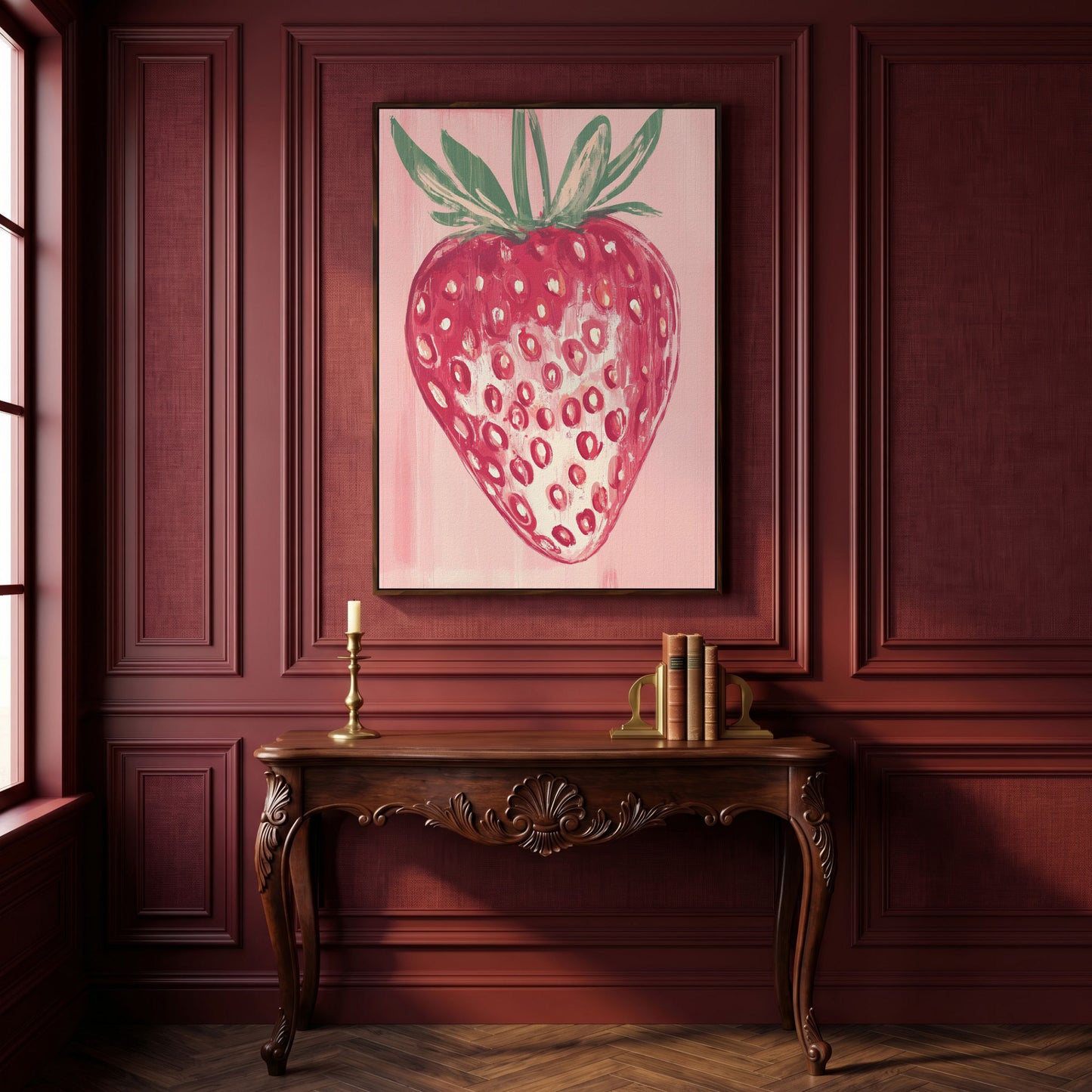 Single Strawberry Canvas Print in dark walnut floating frame