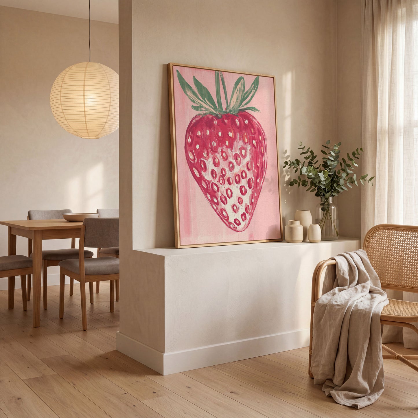Single Strawberry Canvas Print in white oak floating frame