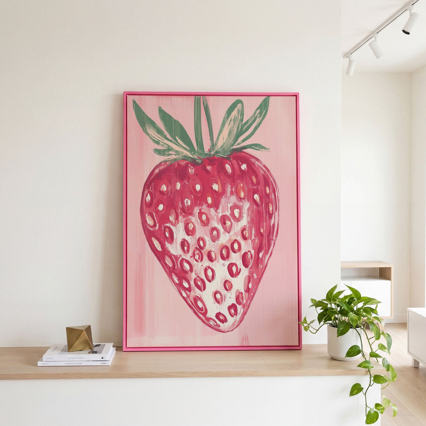 Single Strawberry Canvas Print in pink floating frame