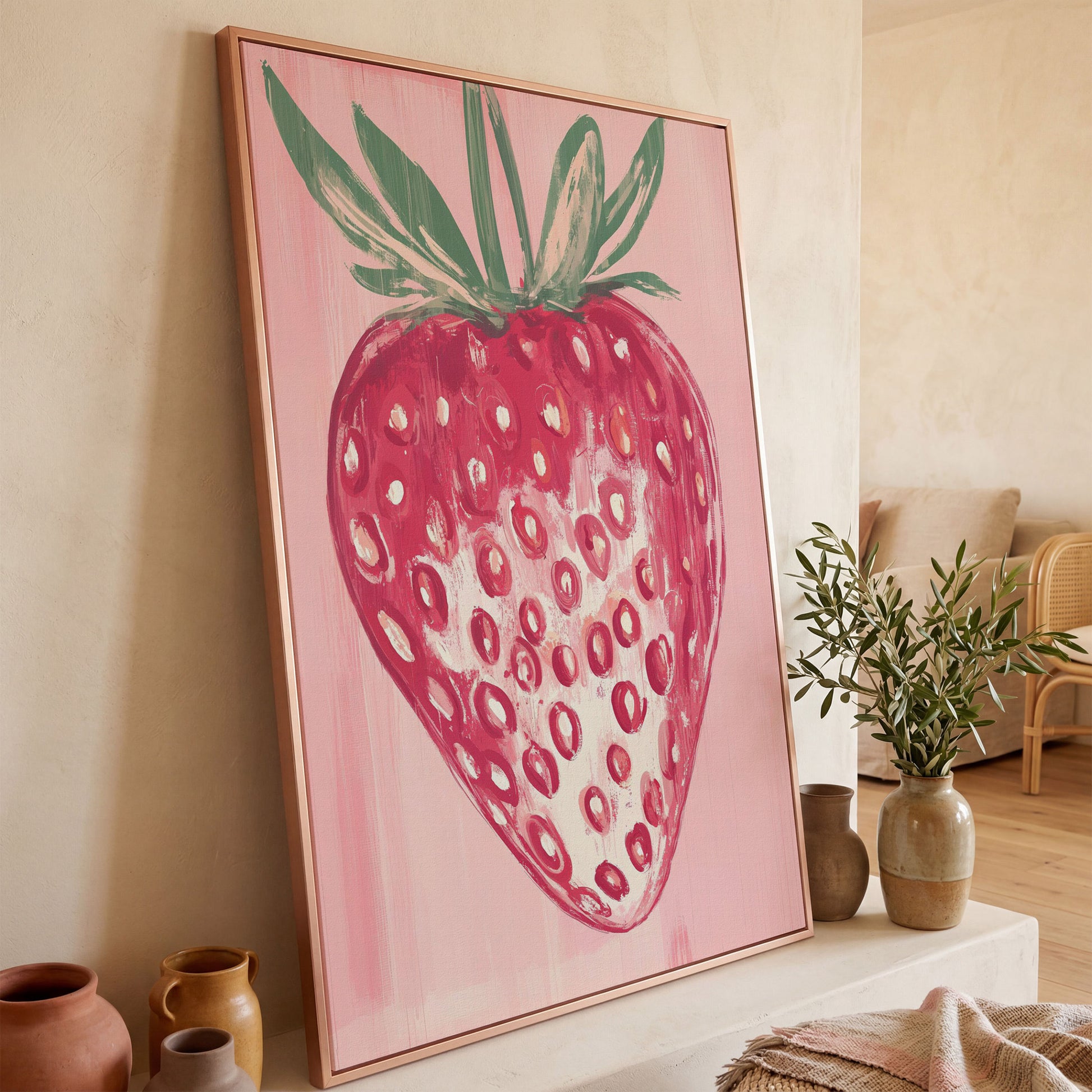 Single Strawberry Canvas Print in rose gold floating frame
