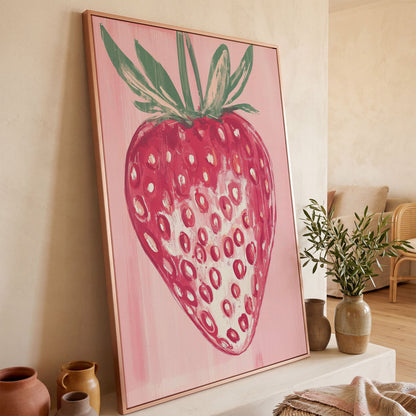Single Strawberry Canvas Print in rose gold floating frame