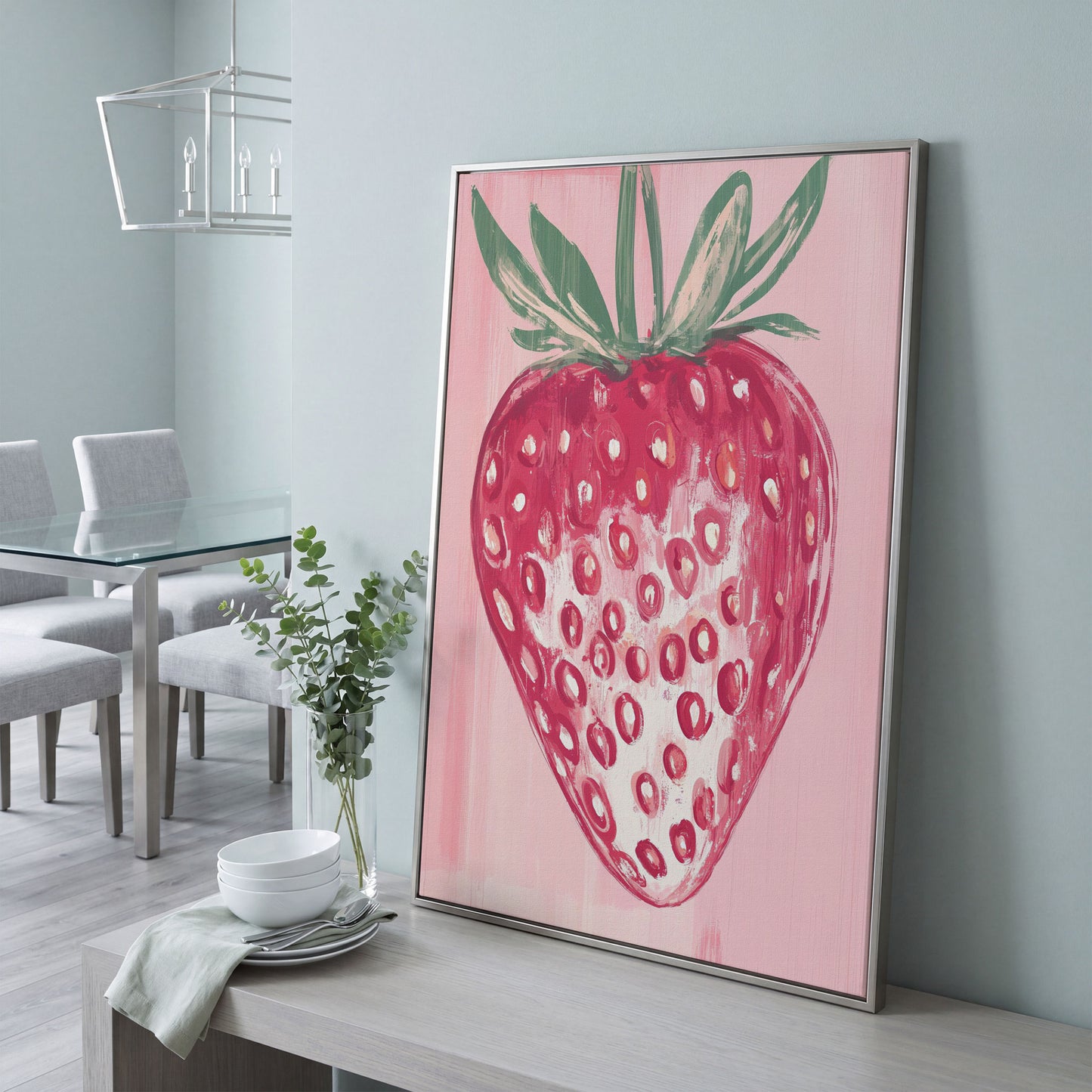 Single Strawberry Canvas Print in silver floating frame
