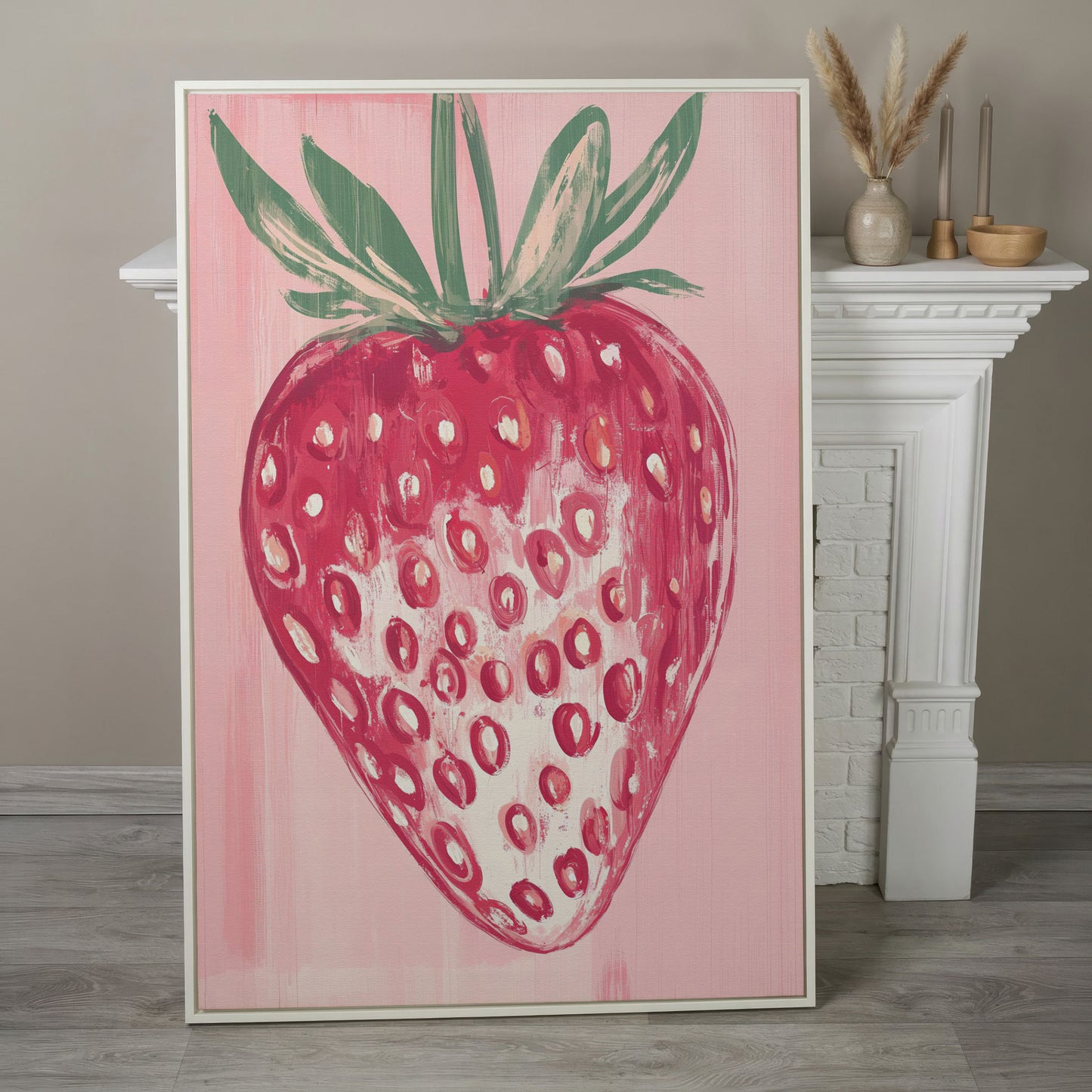 Single Strawberry Canvas Print in white floating frame