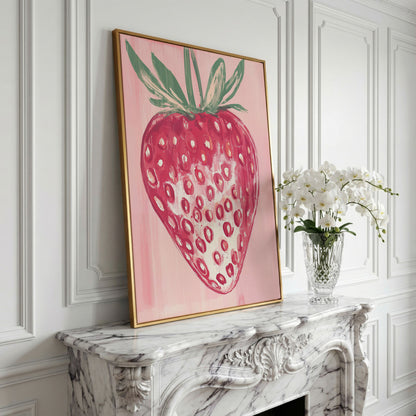 Single Strawberry Canvas Print in yellow gold floating frame