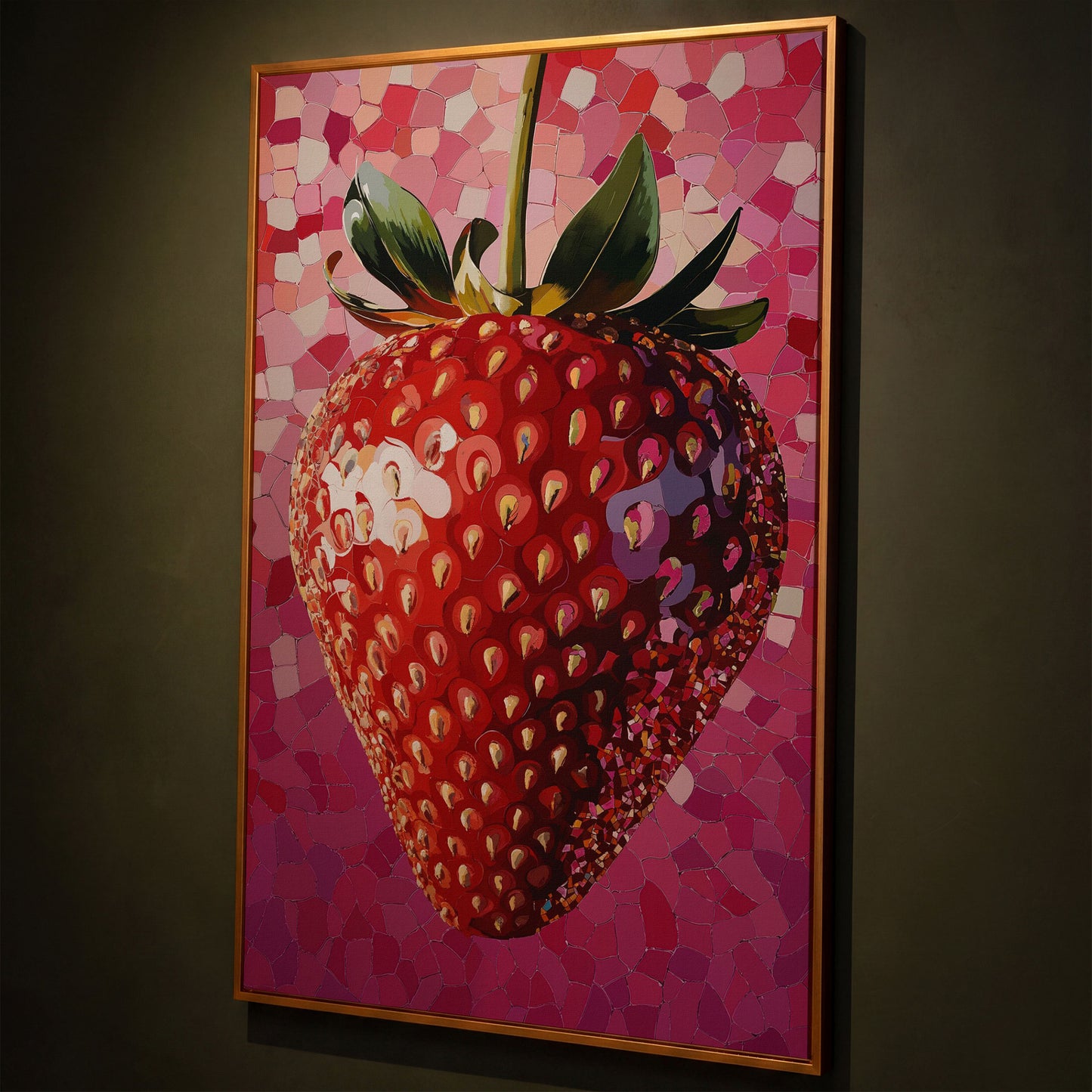 Strawberry Pop Art Canvas Print shown in antique gold floating frame