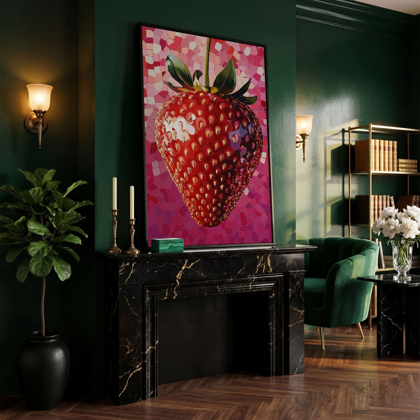 Strawberry Pop Art Canvas Print in black floating frame
