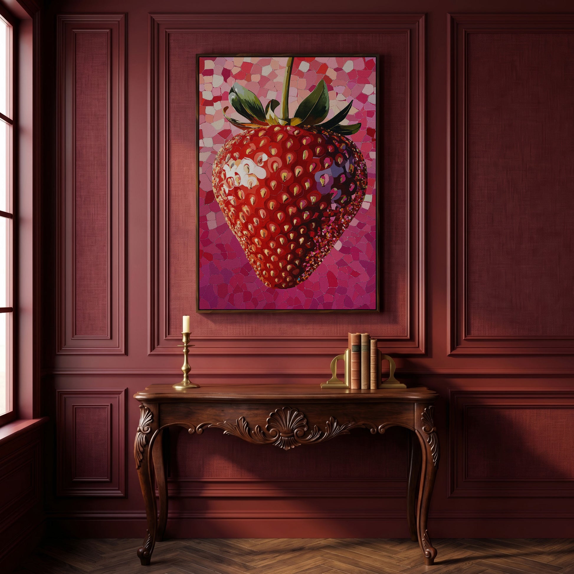 Strawberry Pop Art Canvas Print in dark walnut floating frame