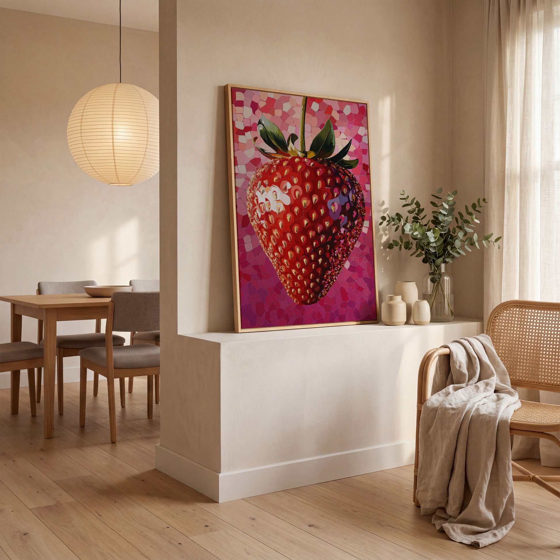 Strawberry Pop Art Canvas Print in white oak floating frame