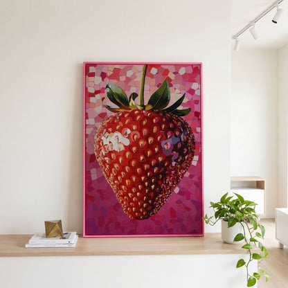 Strawberry Pop Art Canvas Print in pink floating frame