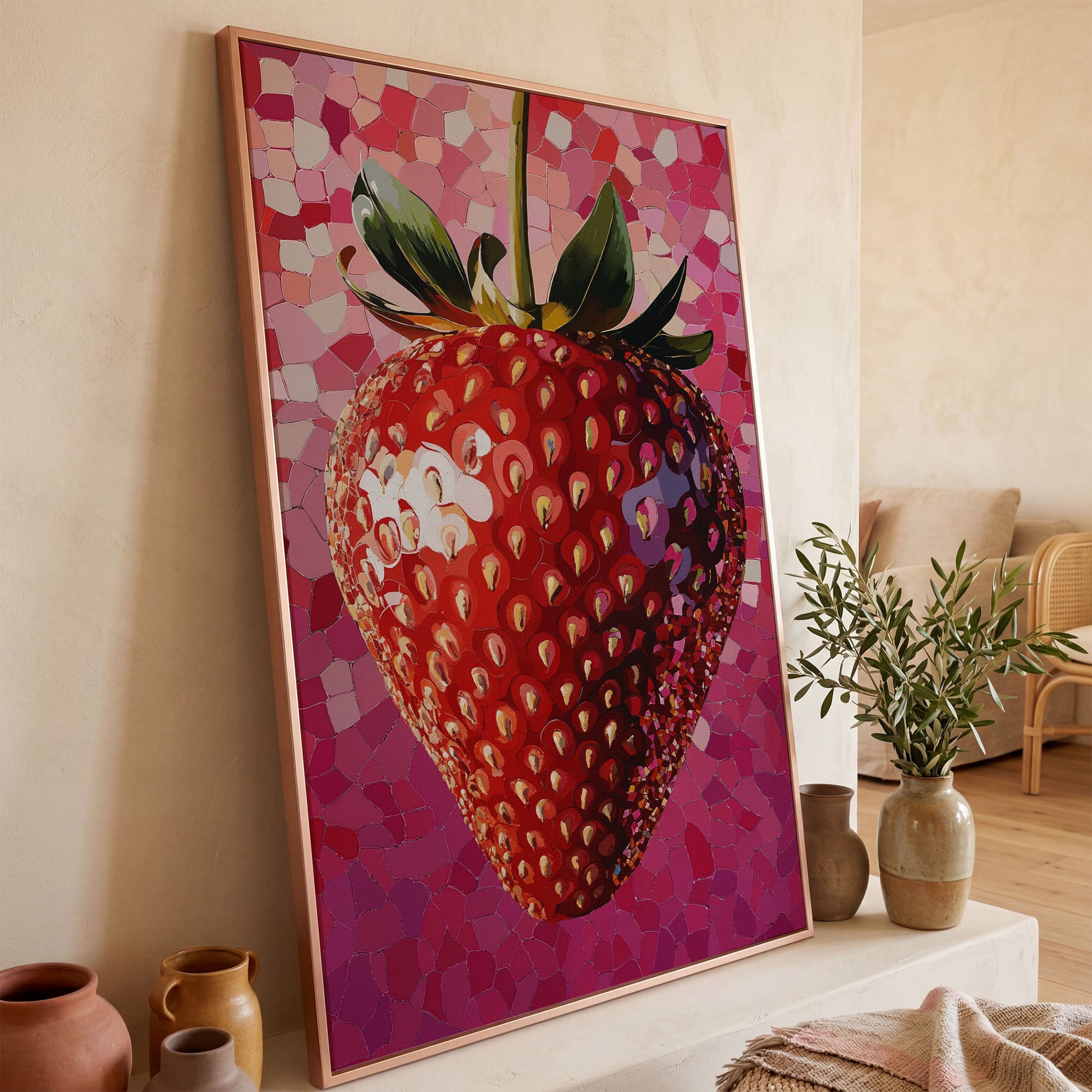 Strawberry Pop Art Canvas Print in rose gold floating frame