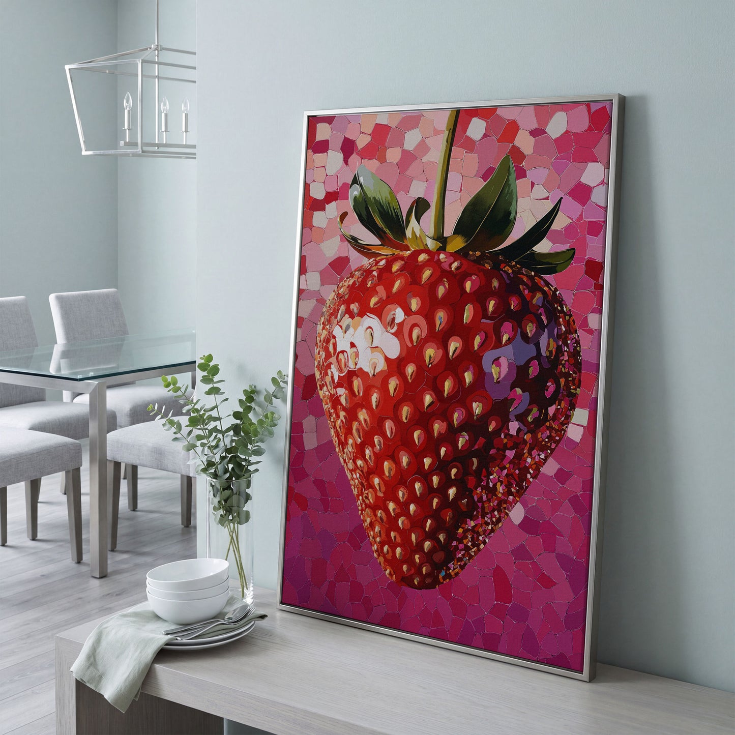 Strawberry Pop Art Canvas Print in silver floating frame
