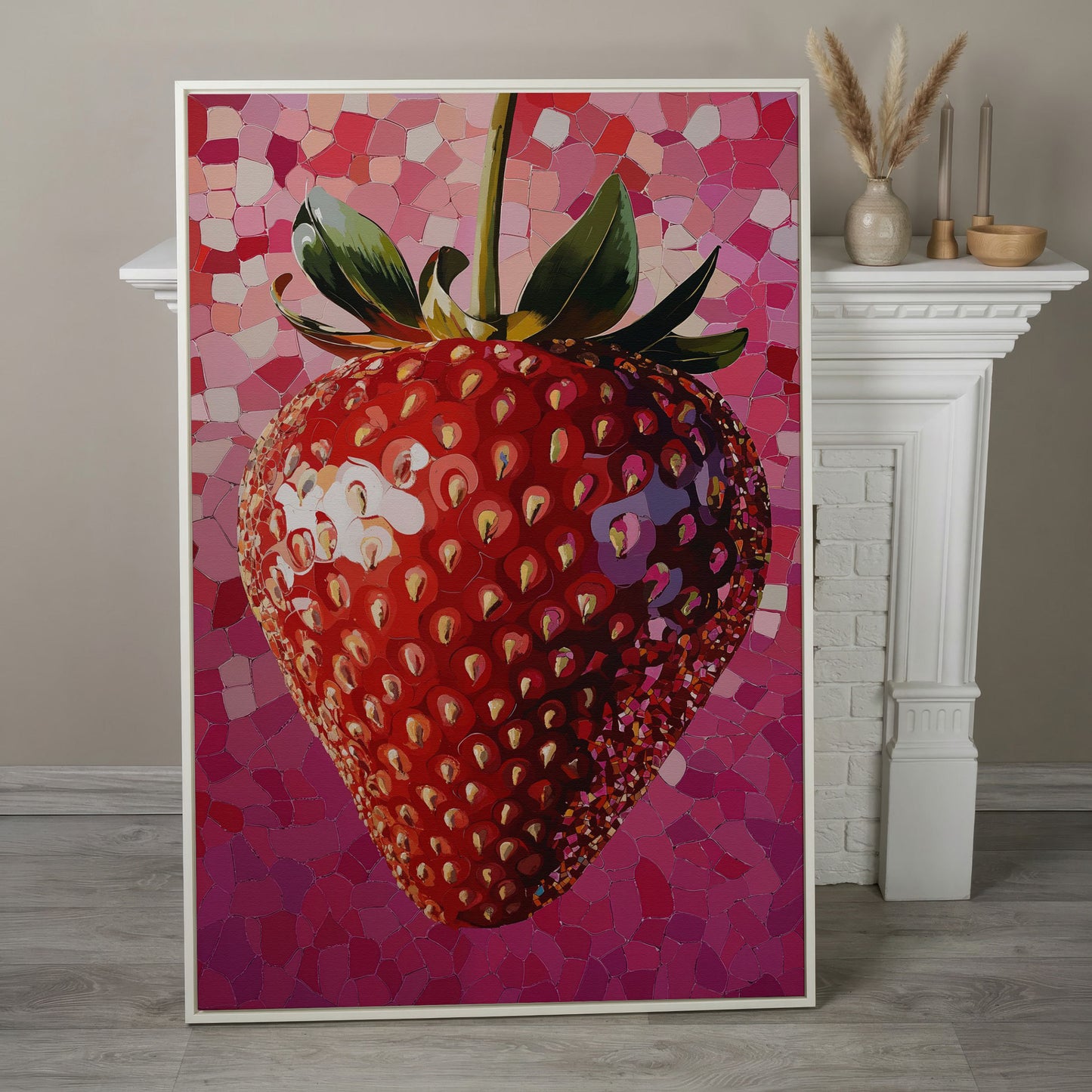 Strawberry Pop Art Canvas Print in white floating frame