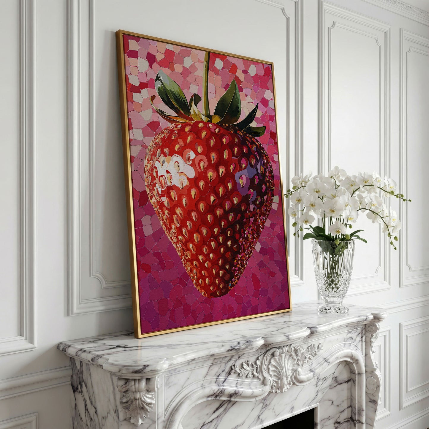 Strawberry Pop Art Canvas Print in yellow gold floating frame
