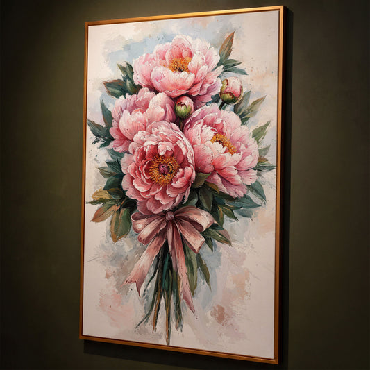 Spring Peony Bouquet Canvas Print shown in antique gold floating frame