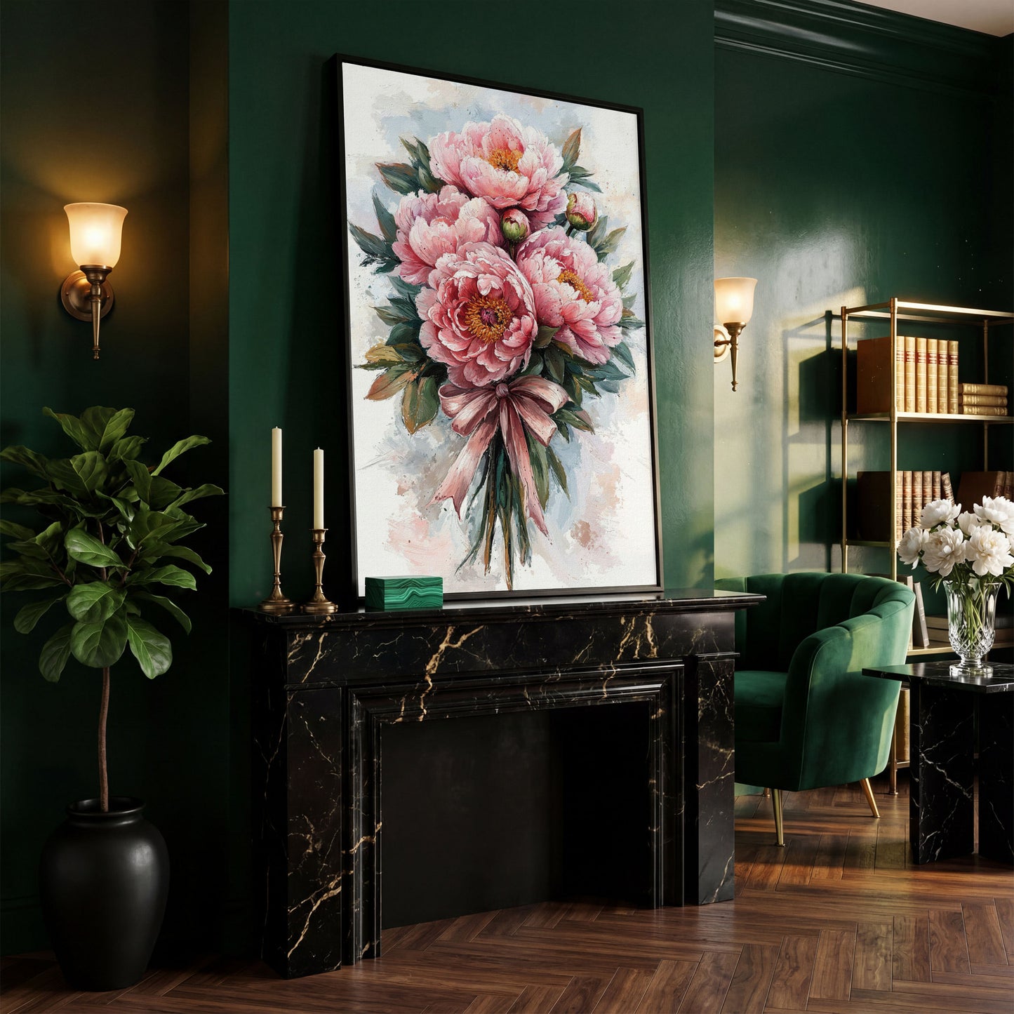 Spring Peony Bouquet Canvas Print in black floating frame