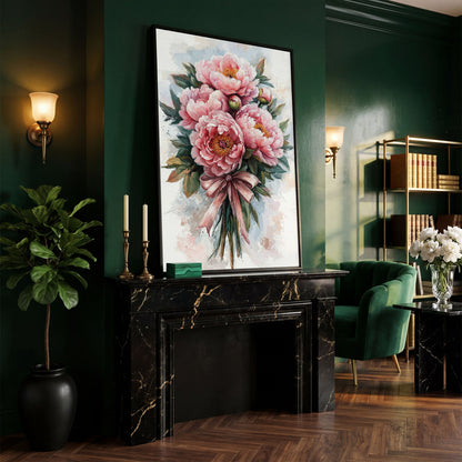 Spring Peony Bouquet Canvas Print in black floating frame