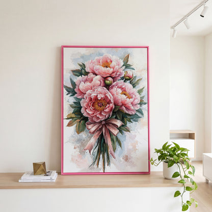 Spring Peony Bouquet Canvas Print in pink floating frame