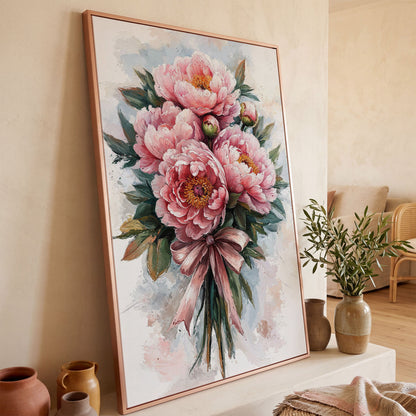 Spring Peony Bouquet Canvas Print in rose gold floating frame
