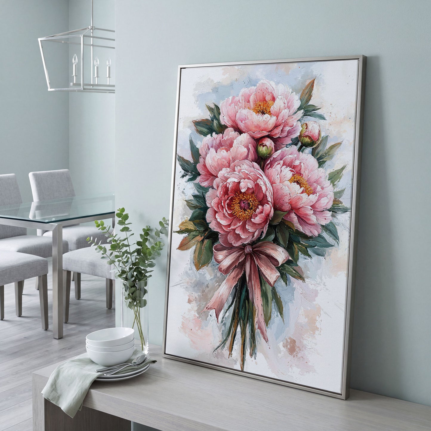 Spring Peony Bouquet Canvas Print in silver floating frame