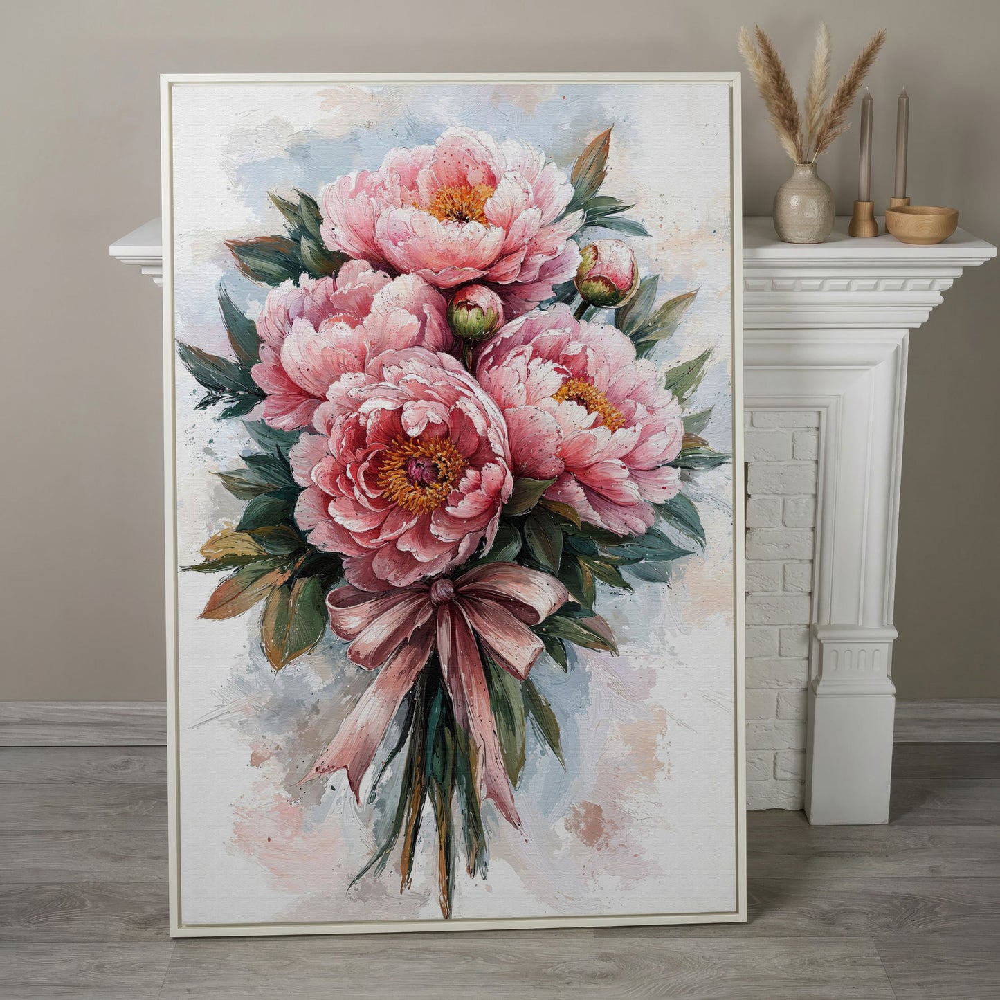 Spring Peony Bouquet Canvas Print in white floating frame