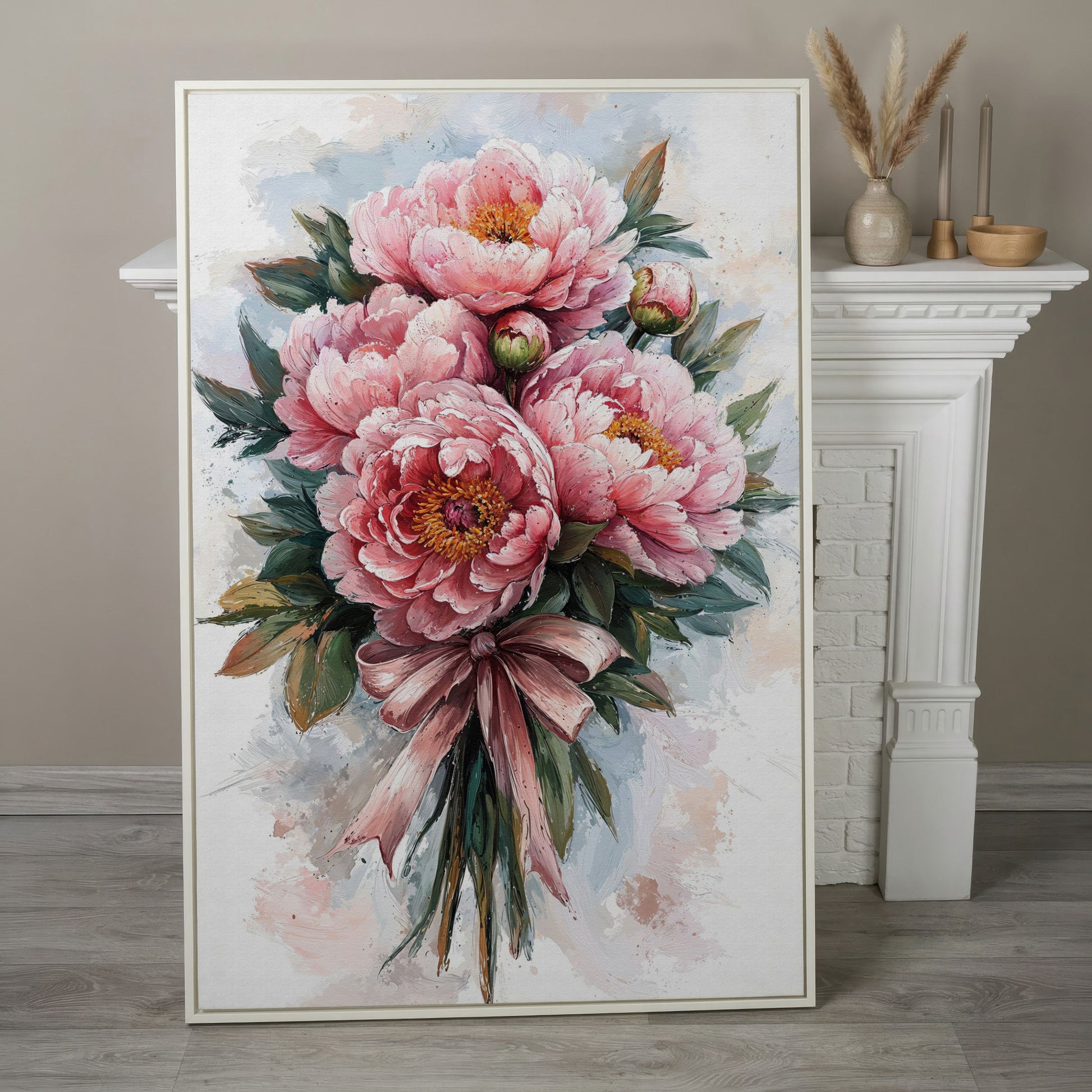 Spring Peony Bouquet Canvas Print in white floating frame