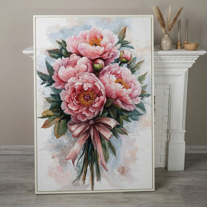 Spring Peony Bouquet Canvas Print in white floating frame