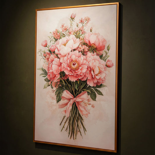 Pastel Pink Floral Bouquet Canvas shown in antique gold floating frame