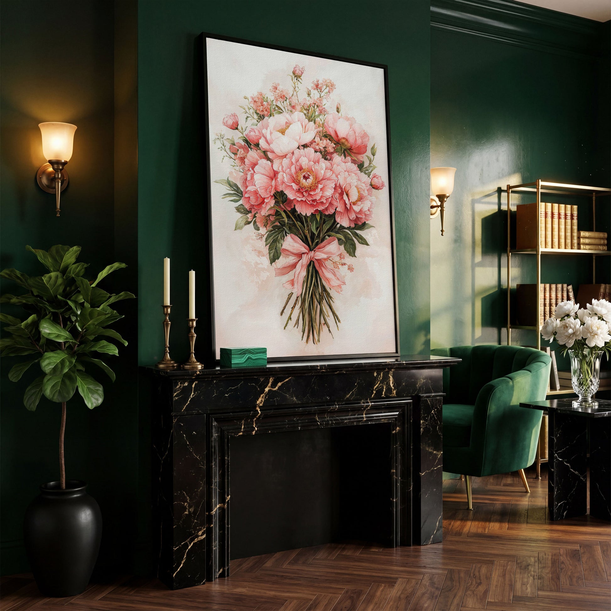 Pastel Pink Floral Bouquet Canvas in black floating frame