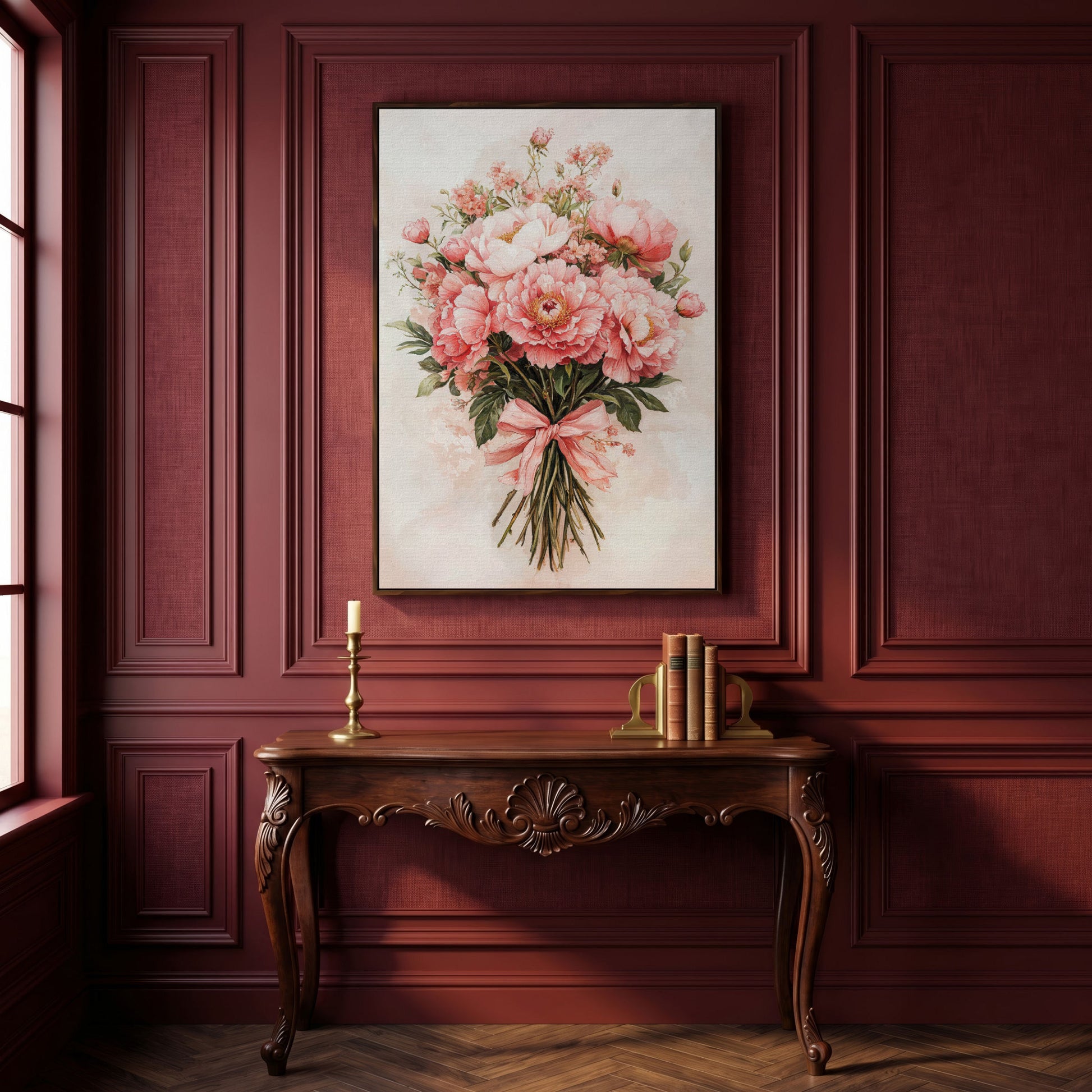 Pastel Pink Floral Bouquet Canvas in dark walnut floating frame
