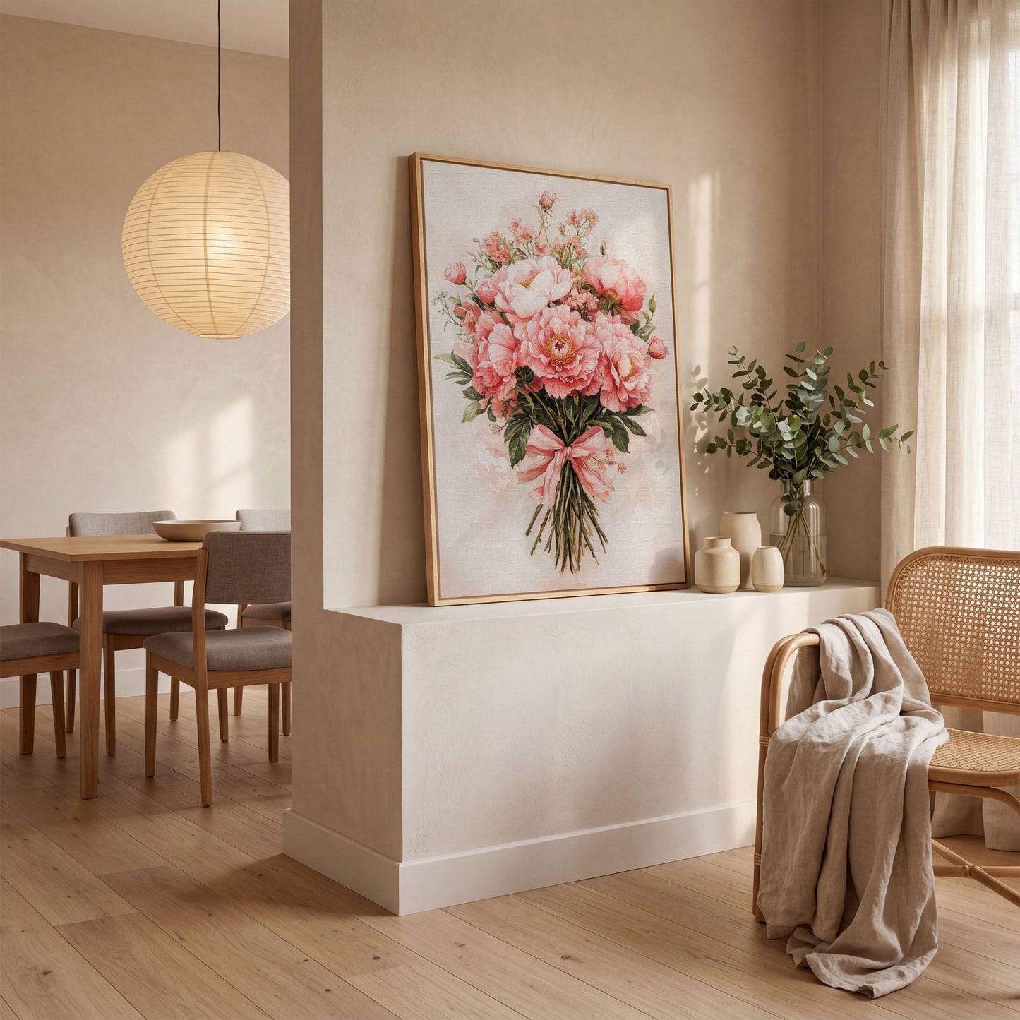 Pastel Pink Floral Bouquet Canvas in white oak floating frame