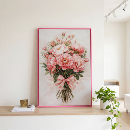 Pastel Pink Floral Bouquet Canvas in pink floating frame