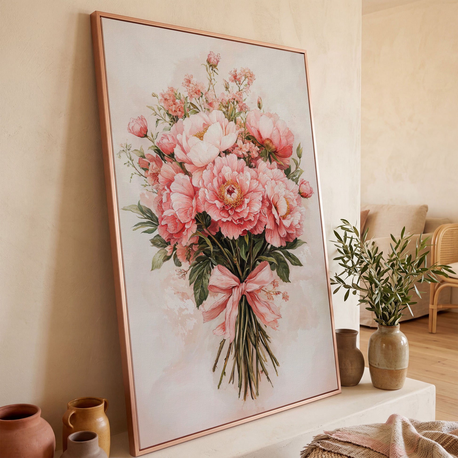 Pastel Pink Floral Bouquet Canvas in rose gold floating frame