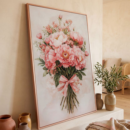 Pastel Pink Floral Bouquet Canvas in rose gold floating frame