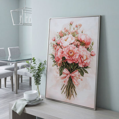 Pastel Pink Floral Bouquet Canvas in silver floating frame