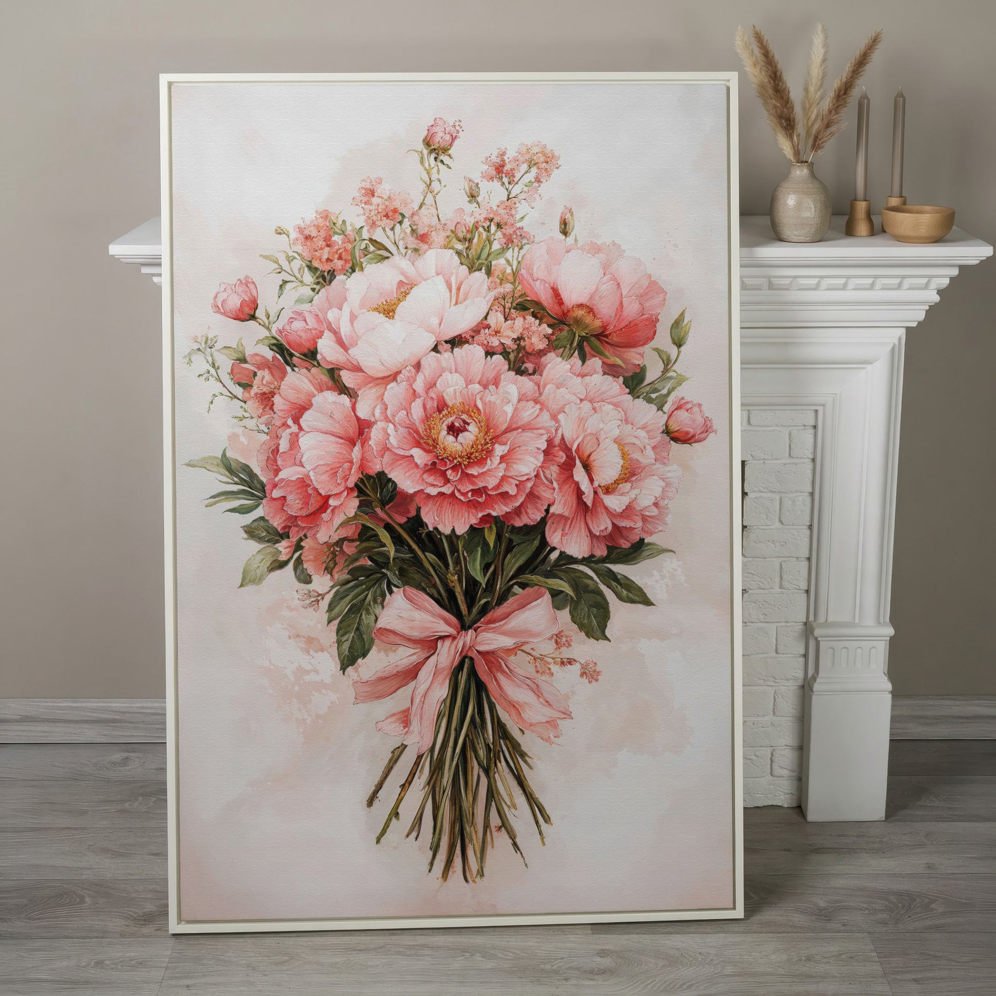 Pastel Pink Floral Bouquet Canvas in white floating frame