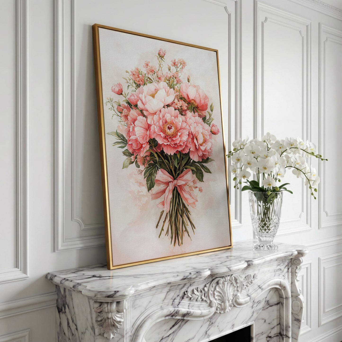 Pastel Pink Floral Bouquet Canvas in yellow gold floating frame