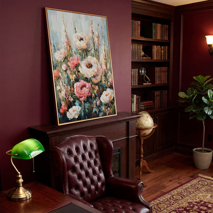 Abstract Peony Impressionist Canvas for Bedroom in antique gold floating frame