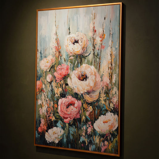 Abstract Peony Impressionist Canvas for Bedroom shown in antique gold floating frame