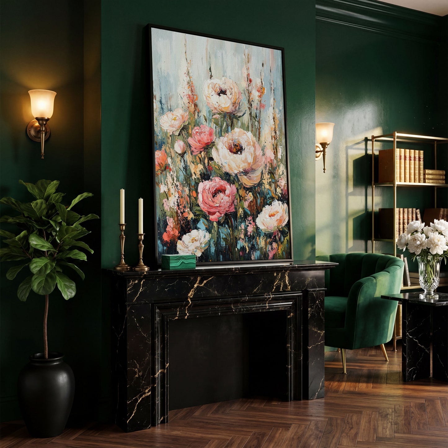 Abstract Peony Impressionist Canvas for Bedroom in black floating frame