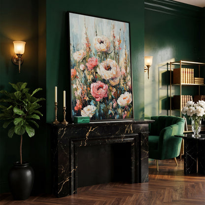 Abstract Peony Impressionist Canvas for Bedroom in black floating frame