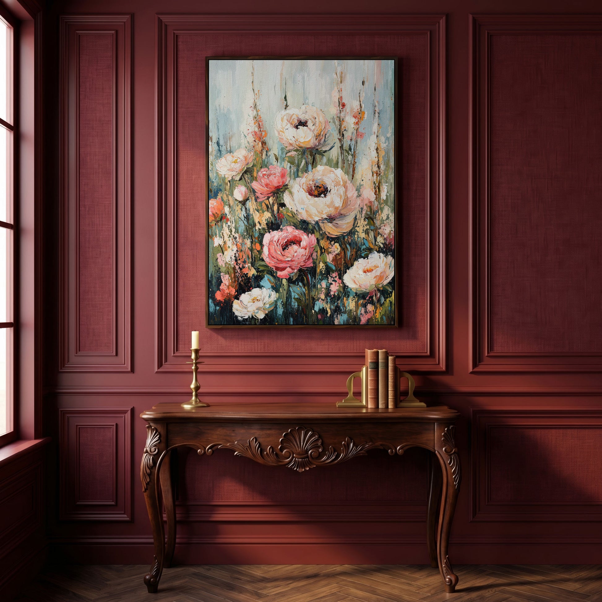 Abstract Peony Impressionist Canvas for Bedroom in dark walnut floating frame